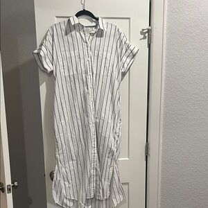 J. Crew White Button-Front High-Low Shirt Dress with Black Pinstripes